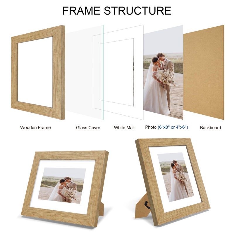 Hongkee 6x8 Picture Frame Set of 4, Made of Real Glass and Natural Oak Frame - Display Picture 4x6 with Mat or 6x8 Without Mat, 6 by 8 Photo for Wall or Tabletop - Image 3